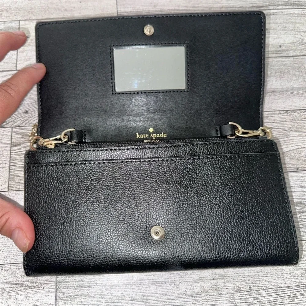 NWT Kate Spade Laurel Way Black‎ Glitter Chain Wallet Clutch w/ Detachable Strap